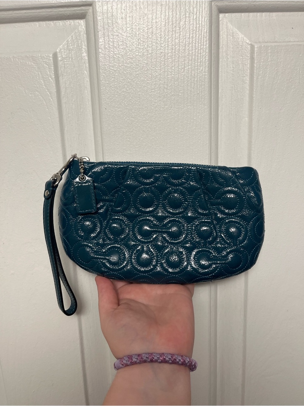 Coach Teal Quilted Patent Leather Wristlet